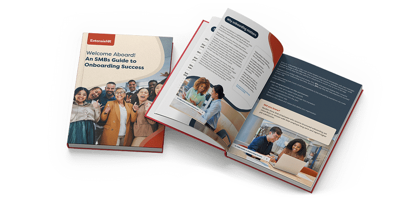 ExtensisHR onboarding guide displayed as a closed book alongside an open spread, showcasing the eBook "Welcome Aboard! An SMBs Guide to Onboarding Success" with sample pages on employee onboarding best practices.
