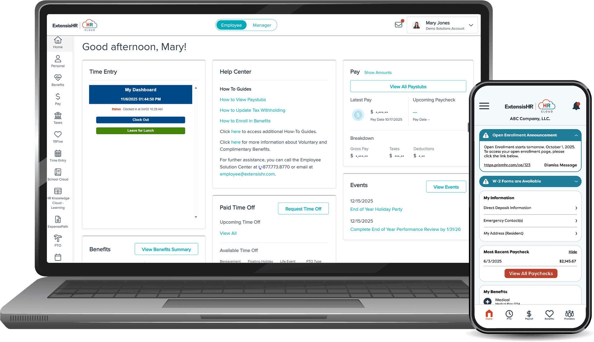 Screenshot of HRCloud People Management dashboard on laptop and mobile, showing employee profile details, tasks, and self-service menu options
