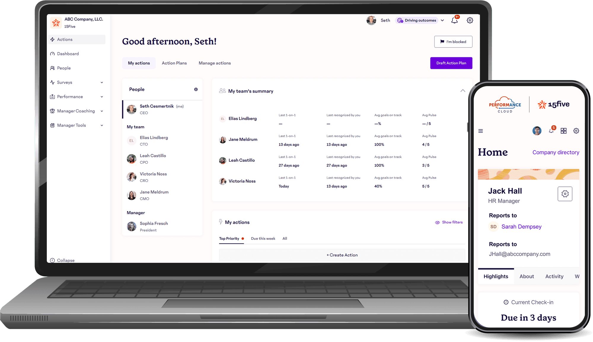 Screenshot of Performance Cloud on laptop and mobile, showing employee goals, progress tracking charts, peer review summaries, and performance cycle status