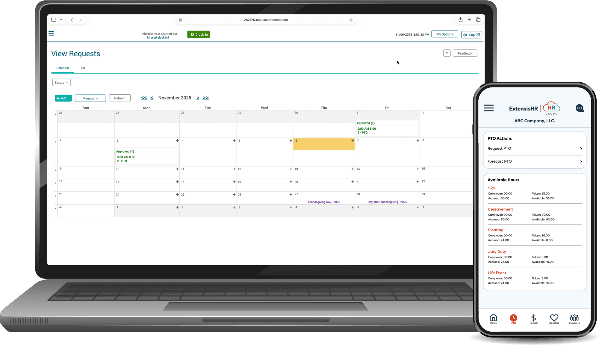 Screenshot of Time & Labor Cloud dashboard on laptop and mobile, featuring timecards, shift schedules, PTO requests, and attendance tracking charts