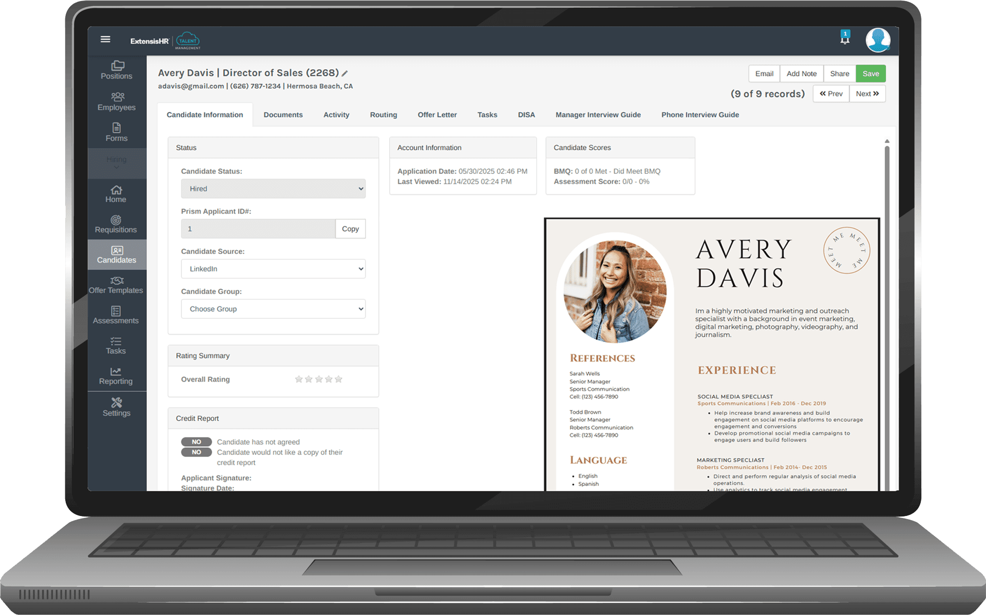 Screenshot of Recruiting Cloud applicant tracking dashboard on laptop, displaying candidate profiles, application stages, and job posting management tools