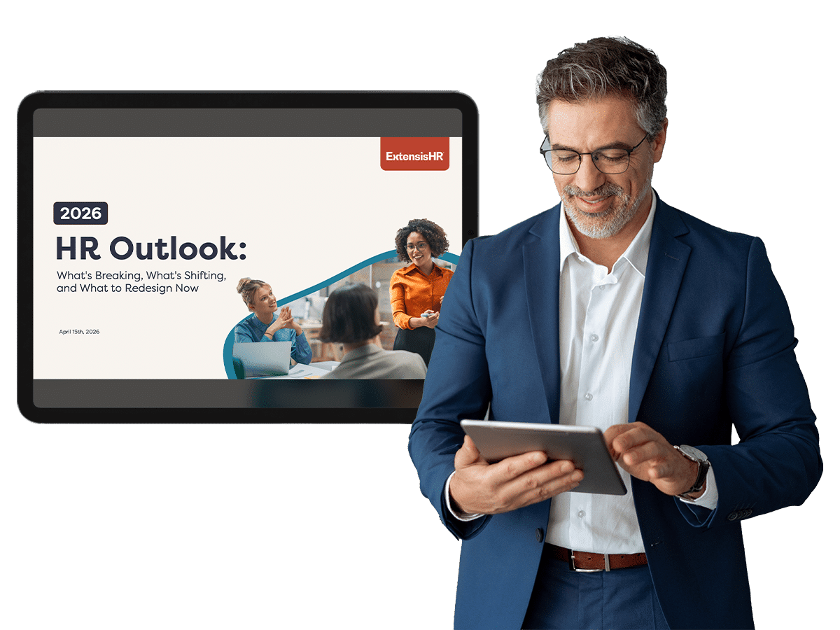 man holding iPad with a screen next to him saying "2026 HR Outlook: What's Breaking, What's Shifting, and What to Redesign Now"