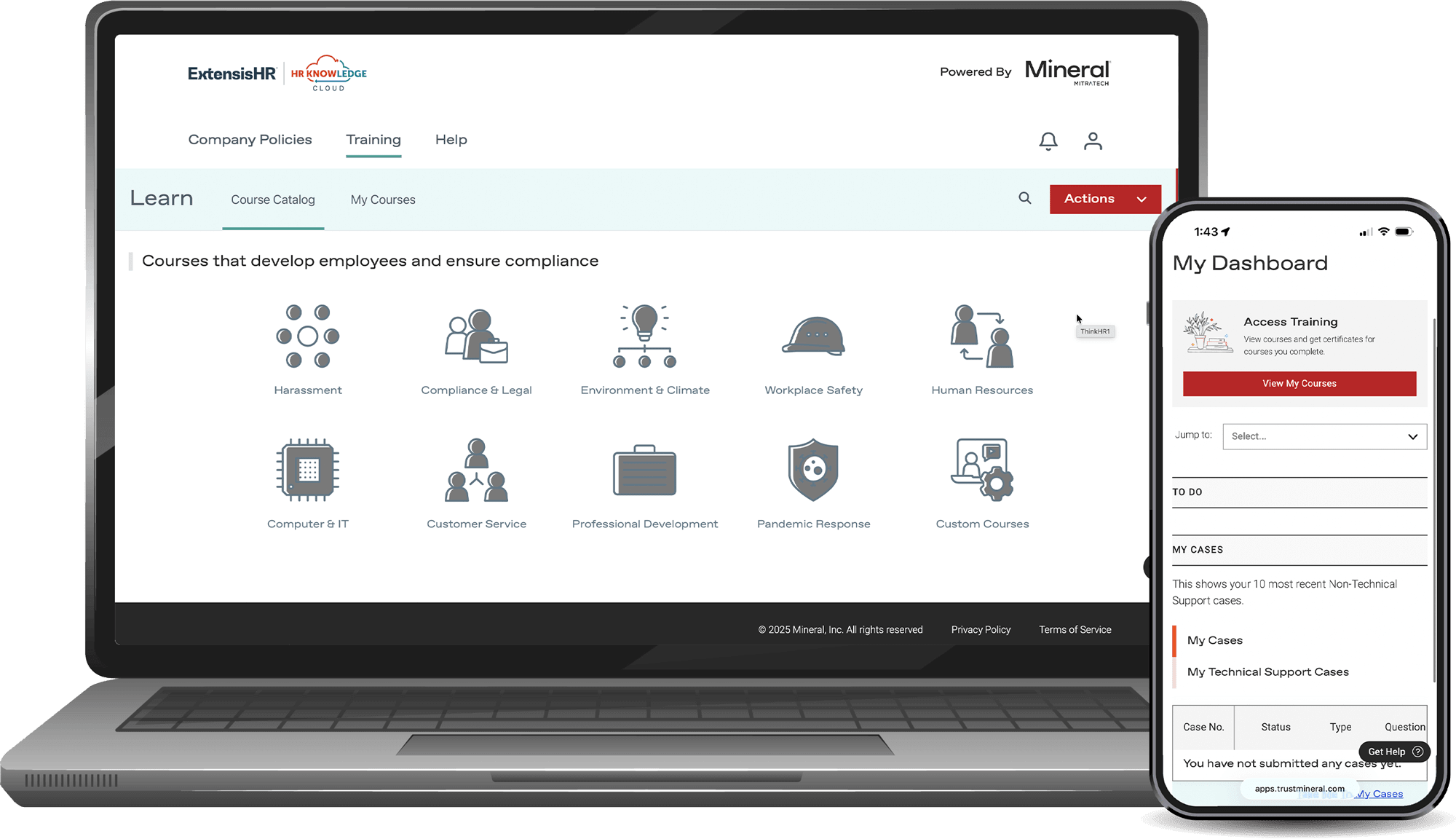 Screenshot of HR Knowledge Cloud on laptop and mobile, showing online course library, training modules, compliance resources, and progress tracking indicators