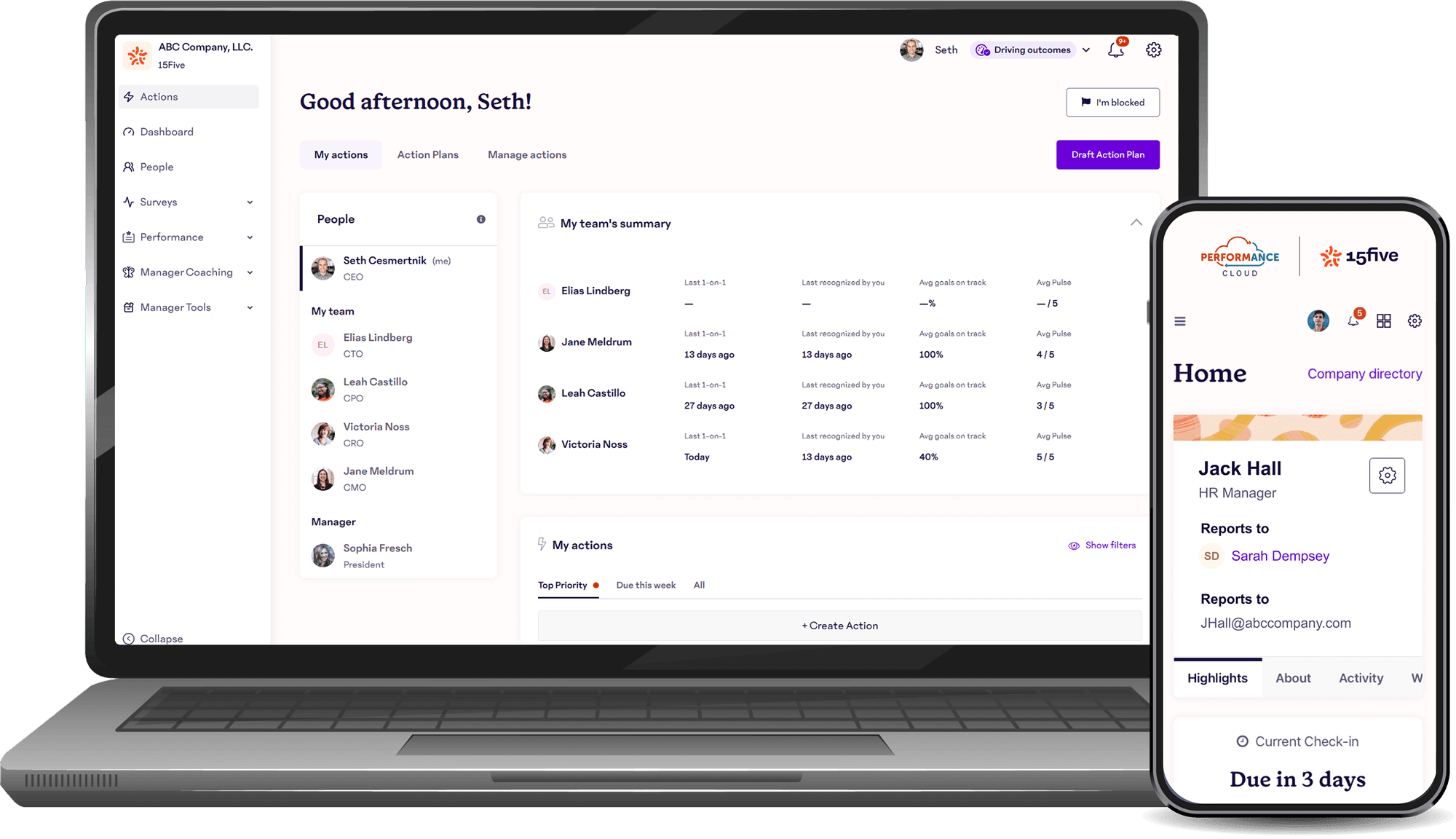 Screenshot of Performance Cloud on laptop and mobile, showing employee goals, progress tracking charts, peer review summaries, and performance cycle status